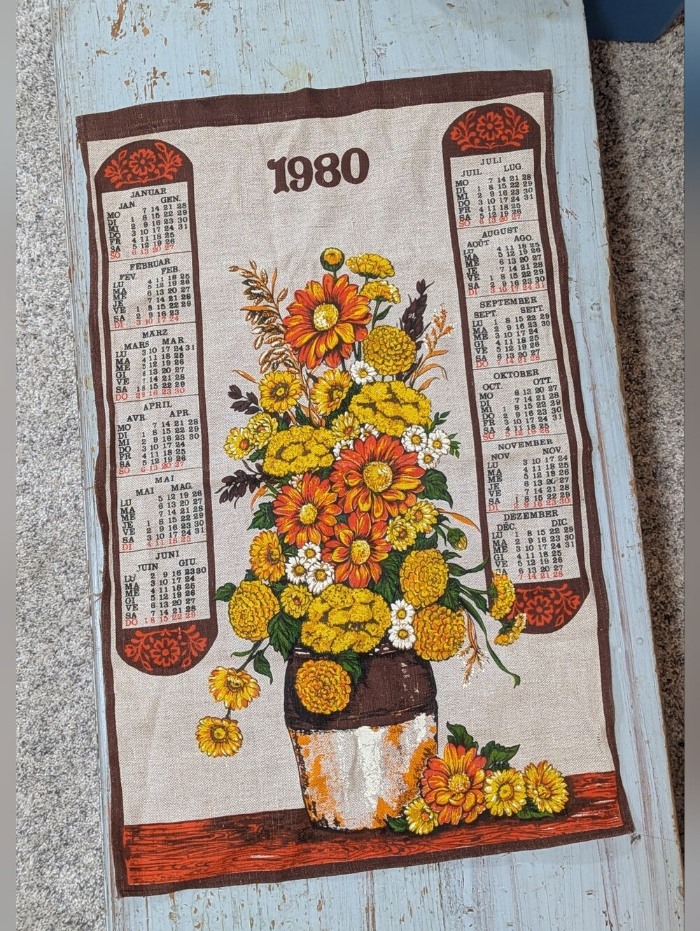 1980 Floral Calendar Tea Towel in Yellow and Orange